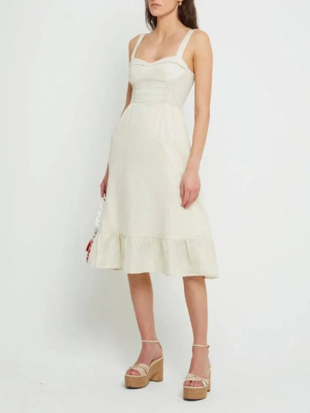 NWT Cream Linen Midi Dress with Ruffle Hem